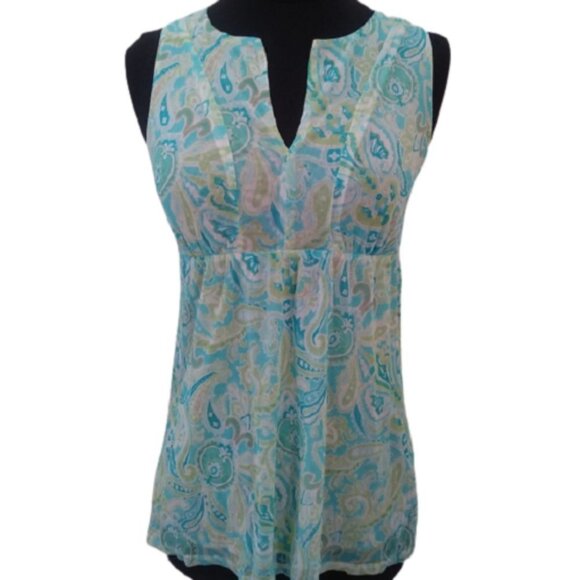 New York & Co Split V Sleeveless Blouse, Turquoise Multi, Size Small - Picture 1 of 5